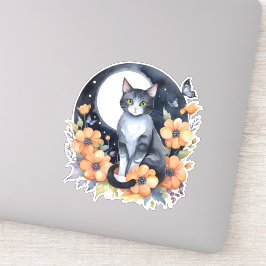 Elegante Zwarte Kat Bloemen Maan Kunst Kat Liefheb Sticker