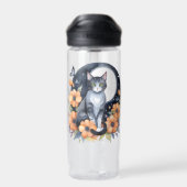 Elegante Zwarte Kat Bloemen Maan Kunst Kat Liefheb Waterfles (Achterkant)