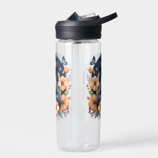 Elegante Zwarte Kat Bloemen Maan Kunst Kat Liefheb Waterfles (Links)