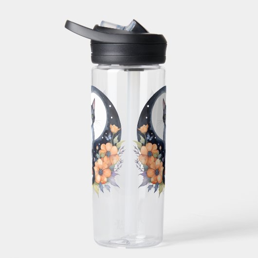 Elegante Zwarte Kat Bloemen Maan Kunst Kat Liefheb Waterfles (Rechts)