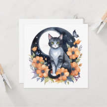 Elegante Zwarte Kat Bloemige Maan Kunst Kat Liefhe
