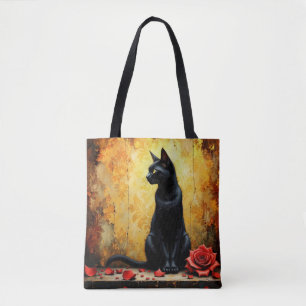 Elegante zwarte kat en rode roos tote bag