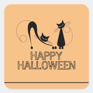 Elegante Zwarte Kat, Gelukkig Halloween Vierkante Sticker