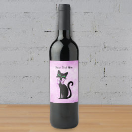 Elegante Zwarte Kat Groene Ogen Strik Helder Roze Wijn Etiket