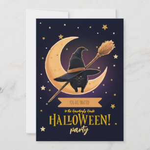 Elegante Zwarte Kat Halve Maan Bezem Halloween Kaart
