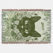 Elegante zwarte kat in gebladerte met Rozen Deken (Voorkant)