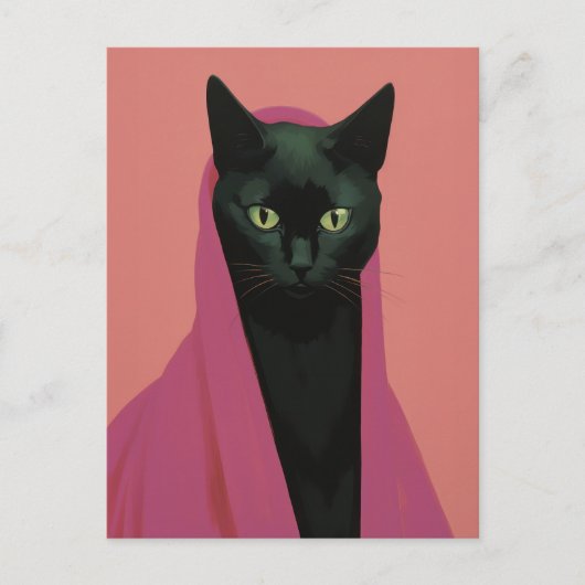 Elegante Zwarte Kat in Roze Briefkaart (Voorkant)