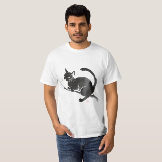 Elegante zwarte kat inkt schilderij t-shirt (Voorkant volledig)