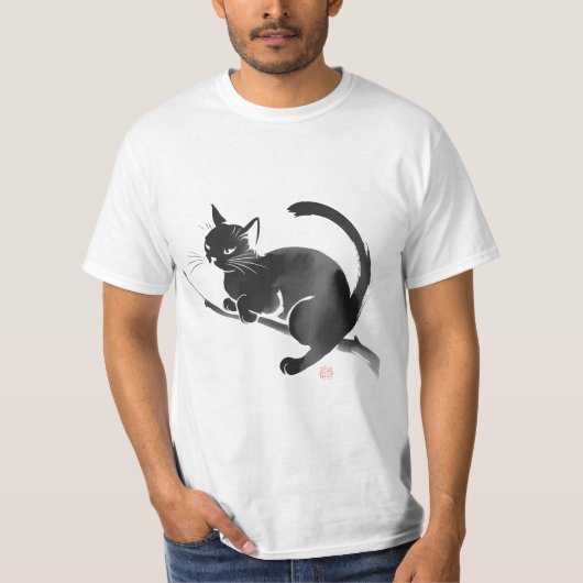 Elegante zwarte kat inkt schilderij t-shirt (Voorkant)