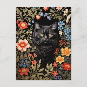 Elegante Zwarte Kat Kleurrijke Bloemen Briefkaart