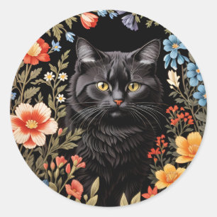 Elegante Zwarte Kat Kleurrijke Bloemen Ronde Sticker