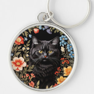Elegante Zwarte Kat Kleurrijke Bloemen Sleutelhanger