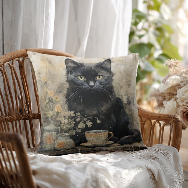 Elegante Zwarte Kat Kussen (Shabby Chic Black Cat Throw Pillow)
