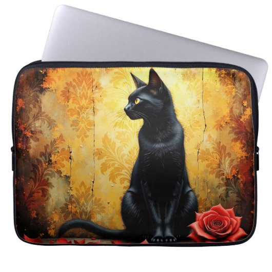 Elegante Zwarte Kat Laptop Sleeve (Voorkant)