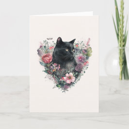 Elegante zwarte kat met bloemen Valentijnsdag Hol Feestdagen Kaart