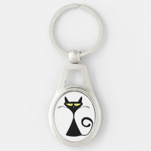 Elegante Zwarte Kat Minimalistische Kunst Sleutelhanger