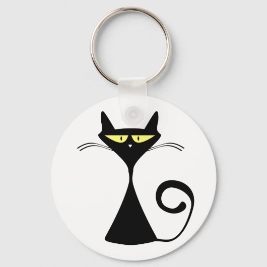Elegante Zwarte Kat Minimalistische Kunst Sleutelhanger (Voorkant)