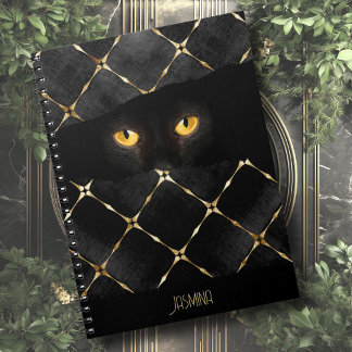 Elegante zwarte kat ogen in het donker notitieboek