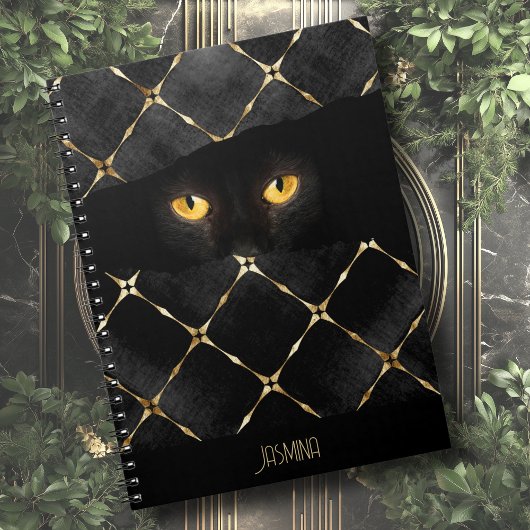 Elegante zwarte kat ogen in het donker notitieboek
