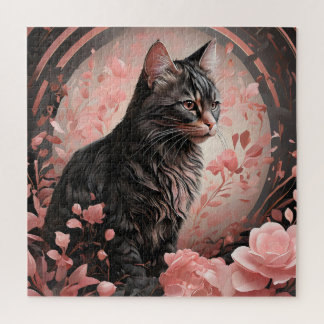 Elegante zwarte kat omringd door roze bloemen legpuzzel