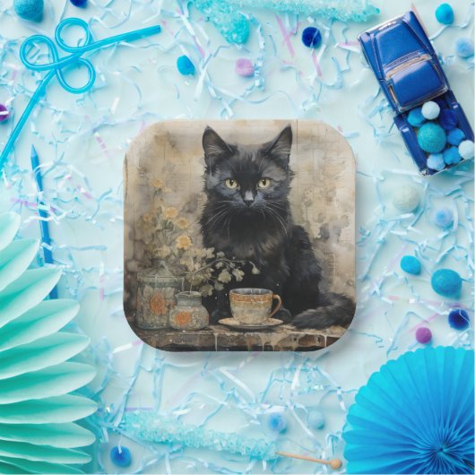 Elegante  zwarte kat papieren bordje (Feest)