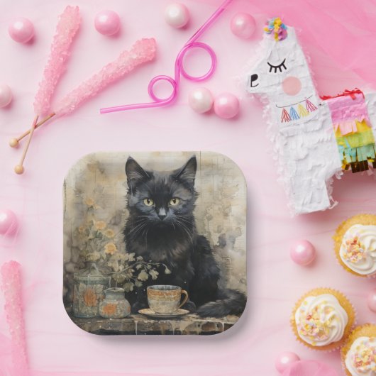 Elegante  zwarte kat papieren bordje (Feest)