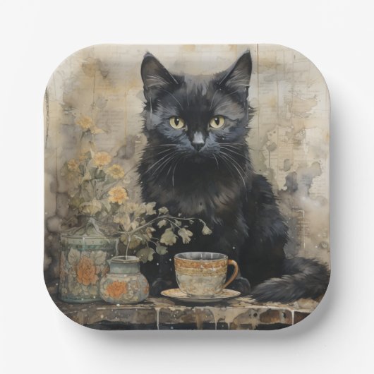 Elegante zwarte kat papieren bordje (Voorkant)