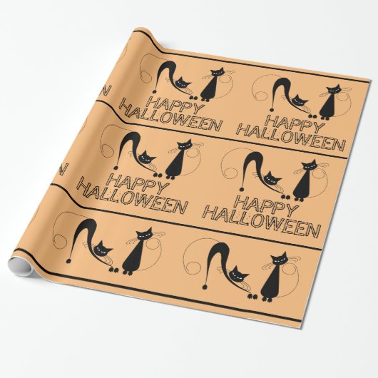Elegante Zwarte Kat, Prettig Halloween Cadeaupapier (Uitgerold)