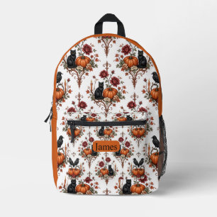 Elegante Zwarte Kat Verbrande Oranje Pompoen Gotis Bedrukte Rugzak