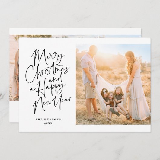 Elegante zwarte kerst kalligrafie script collage feestdagenkaart (Voorkant / Achterkant)