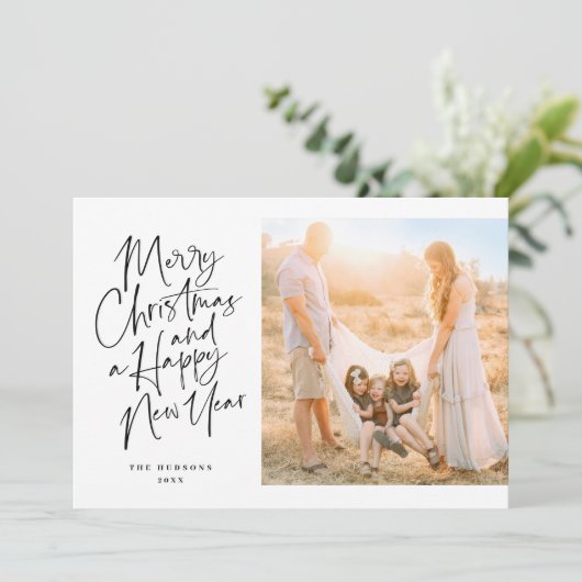 Elegante zwarte kerst kalligrafie script collage feestdagenkaart (Staand voorkant)