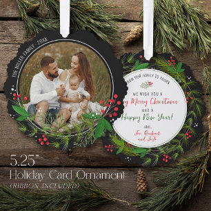 Elegante Zwarte Kerstgroen Krans Foto Ornament Kaart
