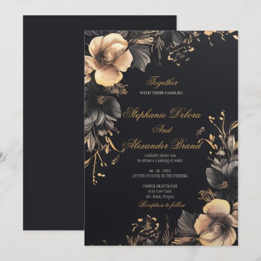 Elegante zwarte klassieke donkere gotische bloemen kaart (Voorkant / Achterkant)