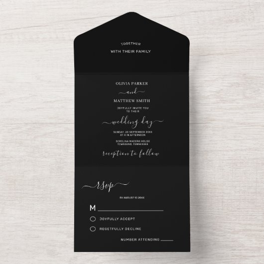 Elegante zwarte klassieke minimalistische bruiloft all in one uitnodiging (Binnen)