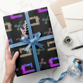 Elegante zwarte kleermaker naaimachine schaar cadeaupapier