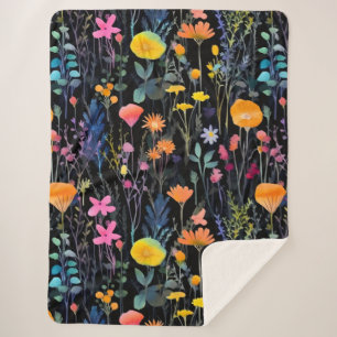 Elegante zwarte kleurrijke wilde bloemen waterverf sherpa deken