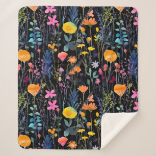Elegante zwarte kleurrijke wilde bloemen waterverf sherpa deken