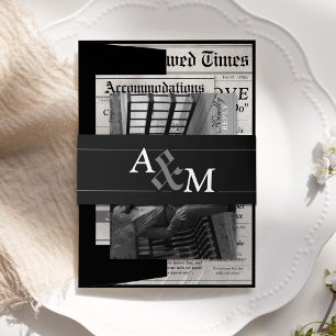 Elegante zwarte krant bruiloft uitnodiging suite uitnodigingen wikkel