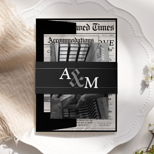 Elegante zwarte krant bruiloft uitnodiging suite uitnodigingen wikkel