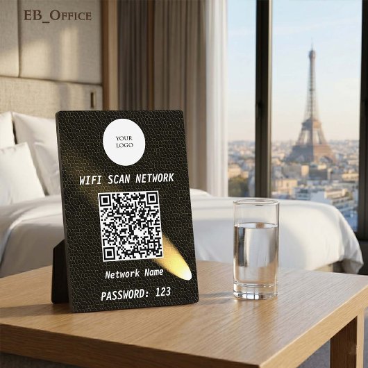 Elegante Zwarte Leren Gouden Spotlight QR Code Wif Fotoplaat