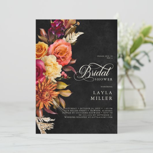 Elegante zwarte levendige Boho Floral Script Douch Kaart (Staand voorkant)
