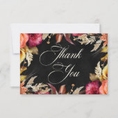 Elegante zwarte levendige Boho Floral Script Weddi Bedankkaart (Voorkant)