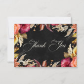 Elegante zwarte levendige Boho Floral Script Weddi Bedankkaart (Voorkant)