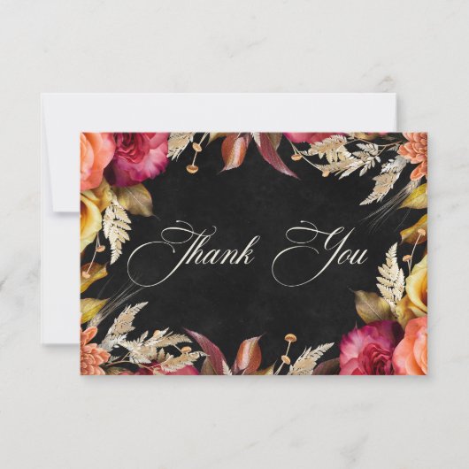 Elegante zwarte levendige Boho Floral Script Weddi Bedankkaart (Voorkant)