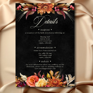 Elegante zwarte levendige Boho Floral Script Weddi Informatiekaartje