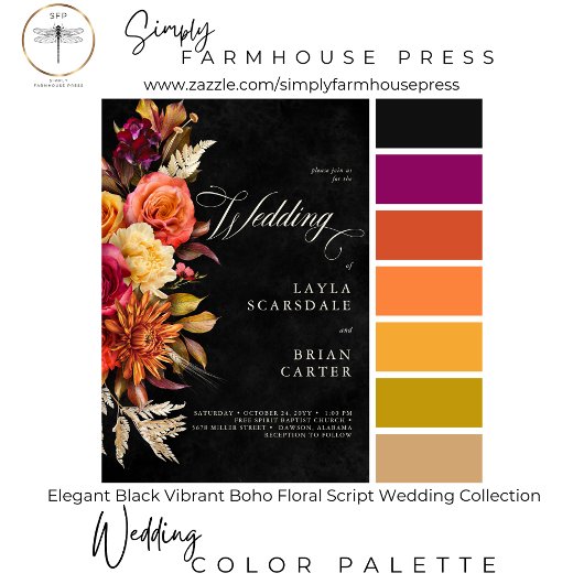 Elegante zwarte levendige Boho Floral Script Weddi Informatiekaartje