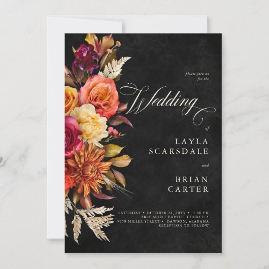 Elegante zwarte levendige Boho Floral Script Weddi Kaart (Voorkant)