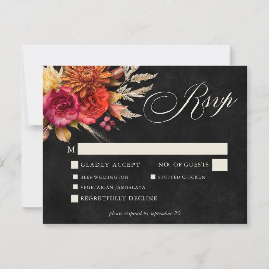 Elegante zwarte levendige Boho Floral Script Weddi RSVP Kaartje (Voorkant)
