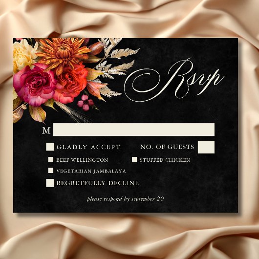 Elegante zwarte levendige Boho Floral Script Weddi RSVP Kaartje