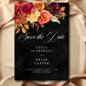 Elegante zwarte levendige Boho Floral Script Weddi Save The Date